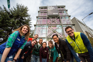 SEATTLE, WA - OCTOBER 27: Employees of Specialty Outdoor Retailer REI pose outside of the flagship store following the announcement of Black Friday closure at 143 stores nationwide as part of #OptOutside initiative on October 27, 2015 in Seattle, Washington.  (Photo by Suzi Pratt/Getty Images for REI)